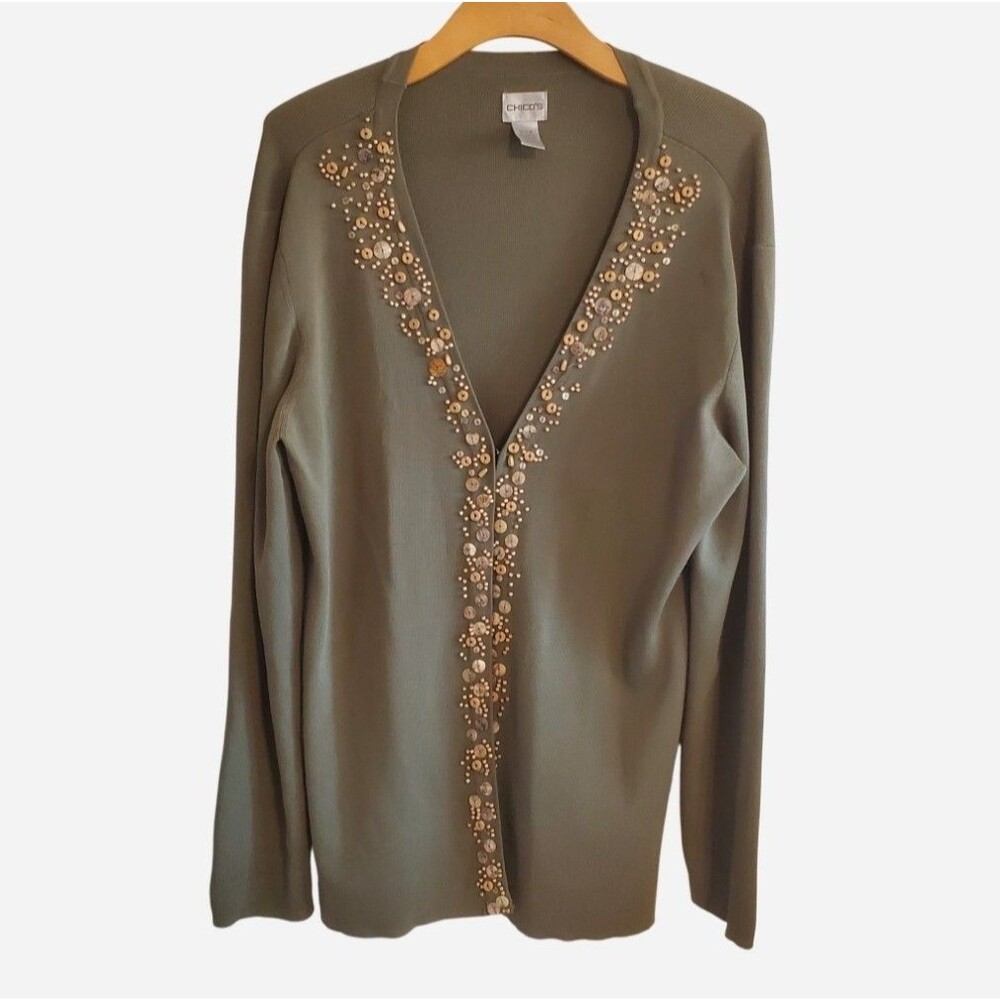 Chico's Olive Green Open Front Beaded Cardigan Size 3 US XL Boho Artsy Office